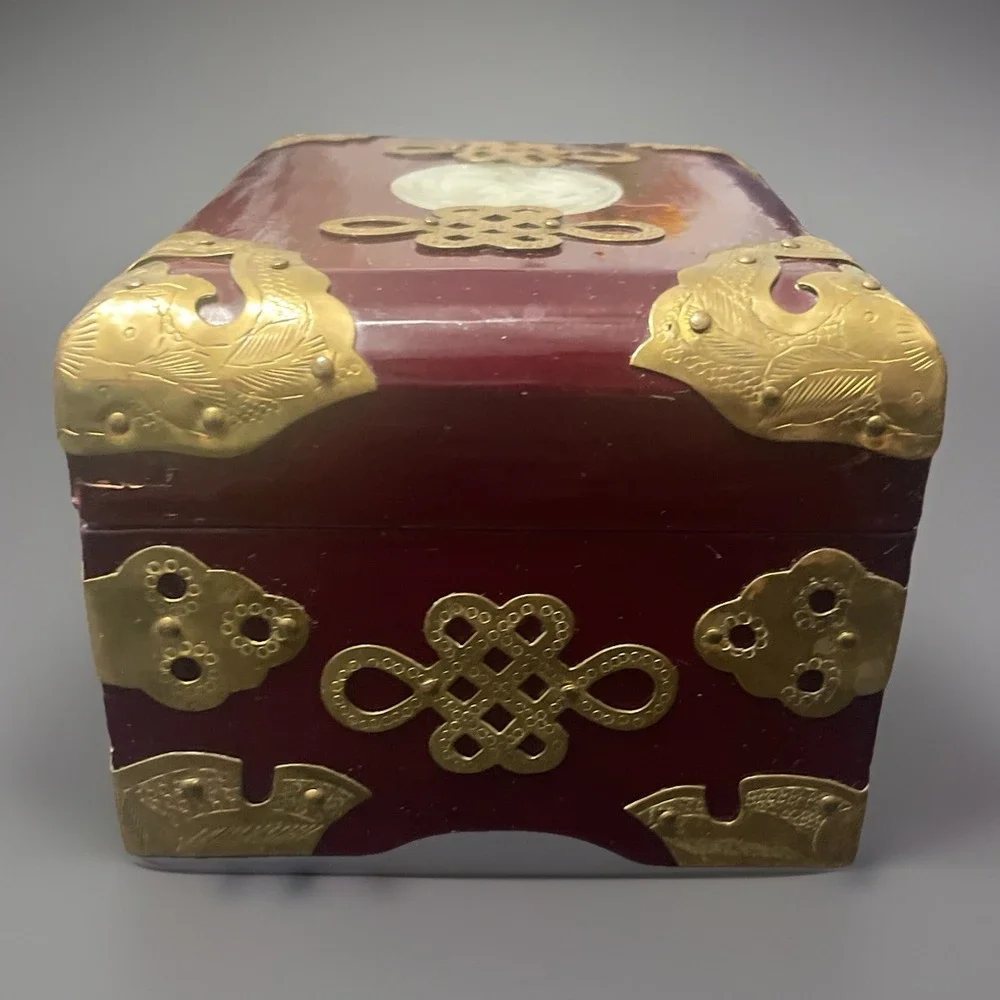 Vintage Asian Wooden Jewelry Box Ornate Brass Carved  Green  Jade Top Silk Lined